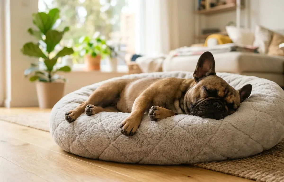 A female French Bulldog resting comfortably indoors during her heat cycle