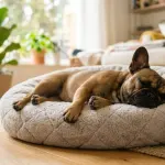 A female French Bulldog resting comfortably indoors during her heat cycle