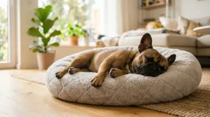A female French Bulldog resting comfortably indoors during her heat cycle