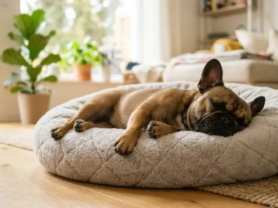 A female French Bulldog resting comfortably indoors during her heat cycle