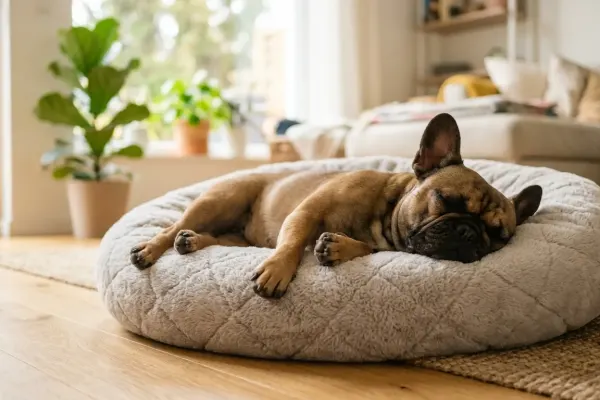 A female French Bulldog resting comfortably indoors during her heat cycle
