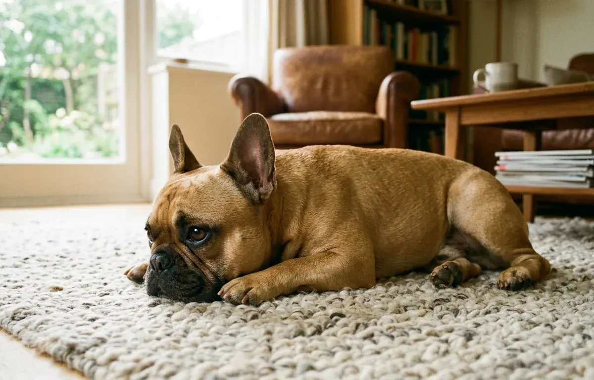 A healthy French Bulldog resting comfortably indoors representing spay and neuter timing guidelines.