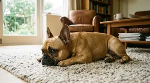 A healthy French Bulldog resting comfortably indoors representing spay and neuter timing guidelines.