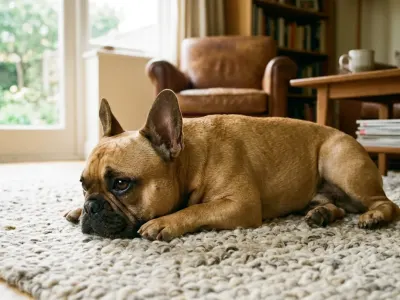 A healthy French Bulldog resting comfortably indoors representing spay and neuter timing guidelines.