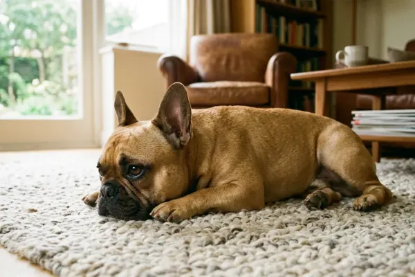 A healthy French Bulldog resting comfortably indoors representing spay and neuter timing guidelines.