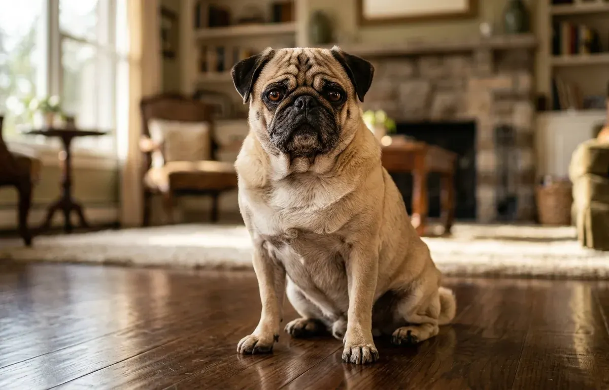 Fawn Pug dog showing characteristic facial wrinkles and dark mask sitting indoors