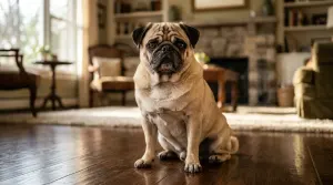 Fawn Pug dog showing characteristic facial wrinkles and dark mask sitting indoors