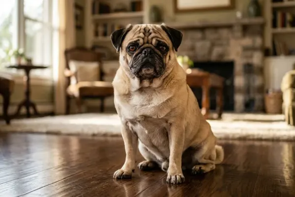 Fawn Pug dog showing characteristic facial wrinkles and dark mask sitting indoors