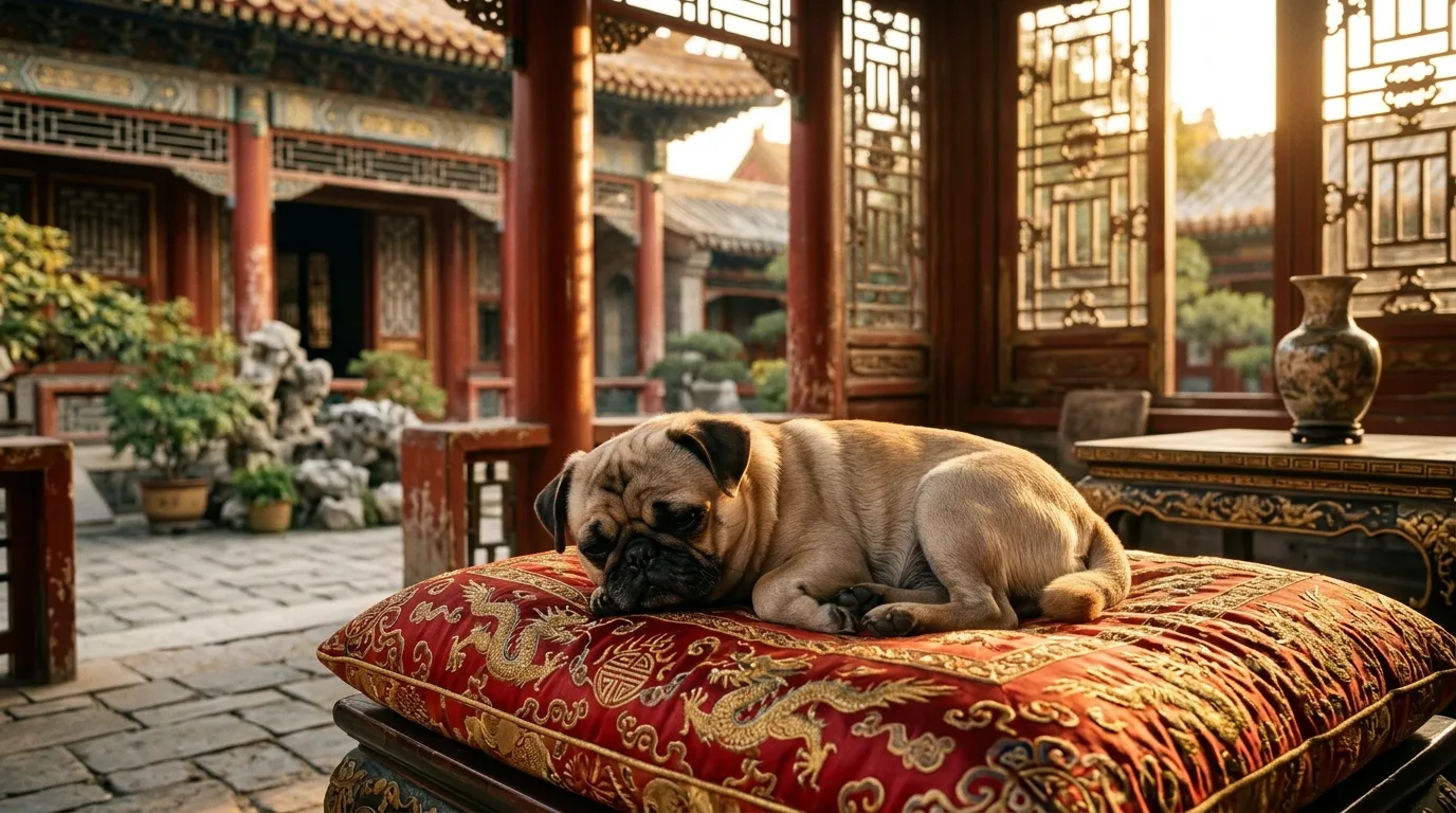 Ancestral Chinese lapdog sitting on a silk cushion in an ancient palace setting