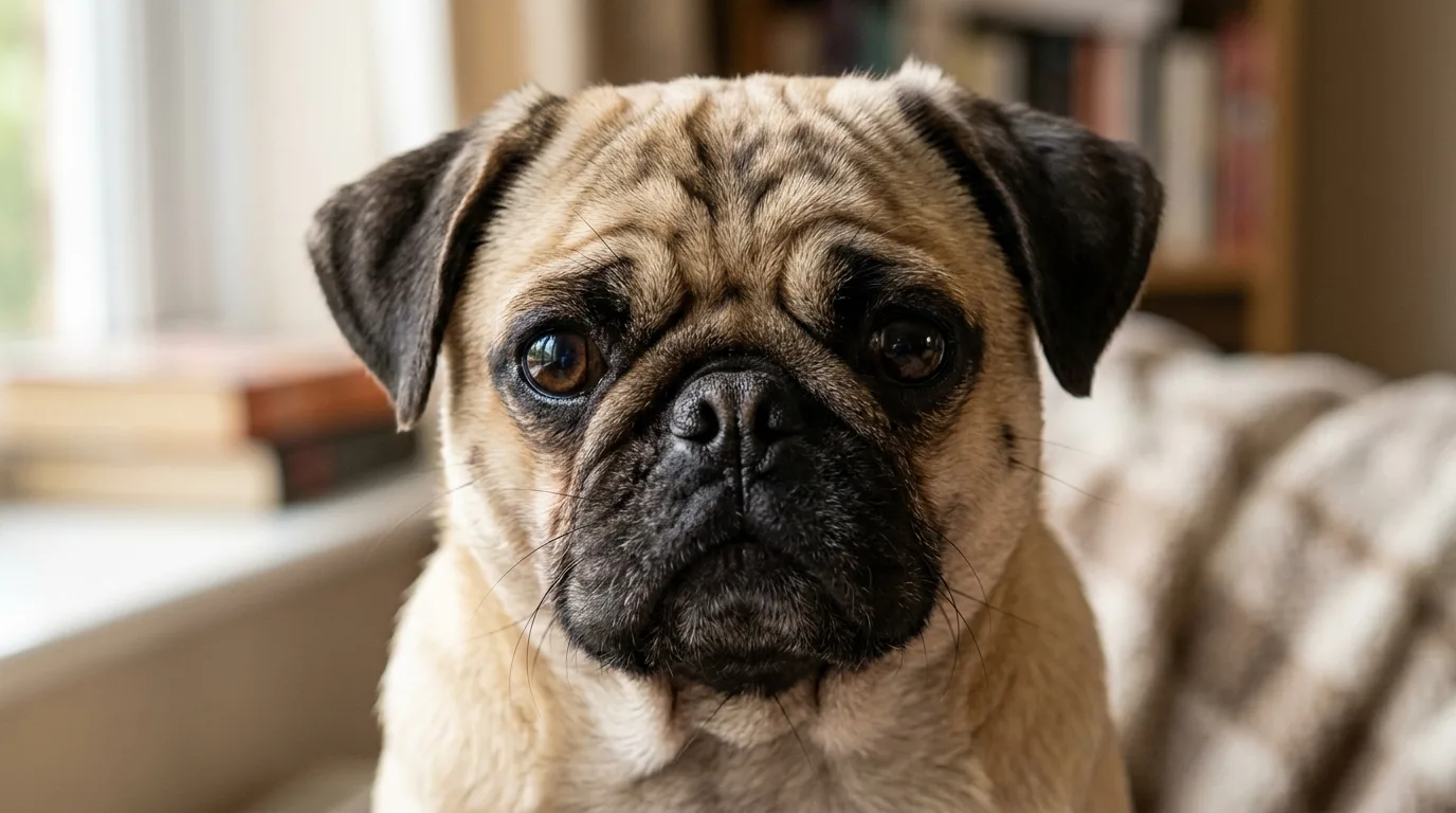 Detailed portrait of a fawn Pug highlighting its wrinkled forehead and black muzzle