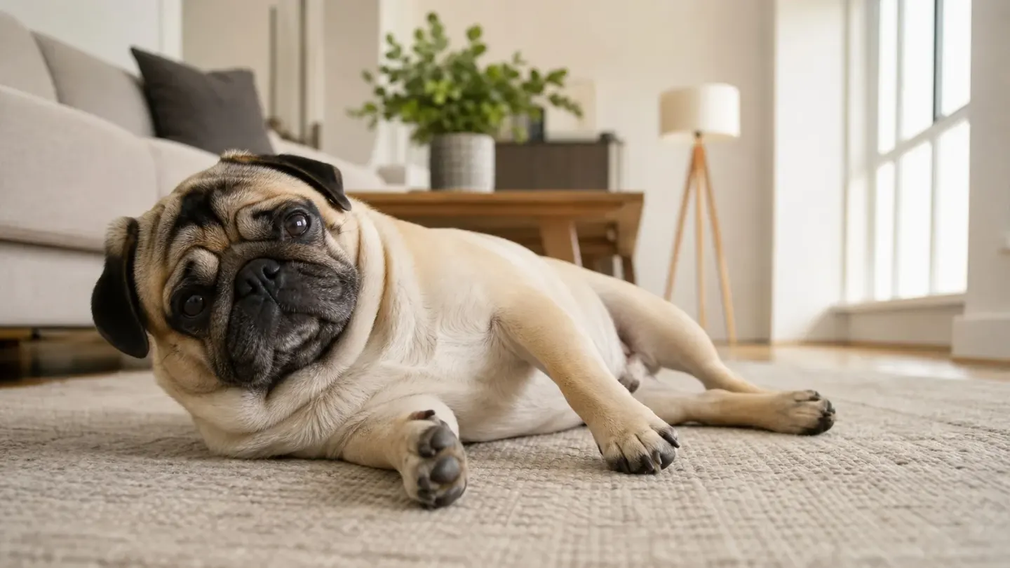 Fawn Pug resting comfortably on a living room rug in a modern home