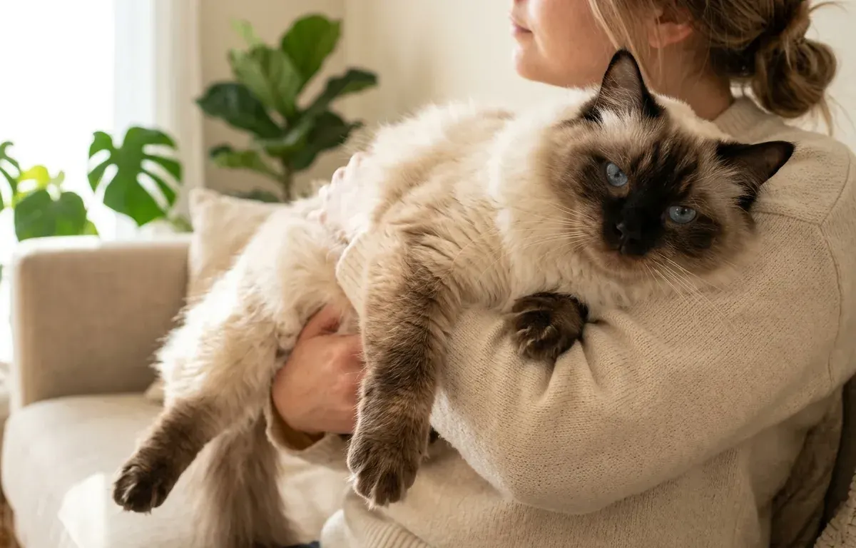Ragdoll cat lying relaxed in owner's arms showing its limp temperament