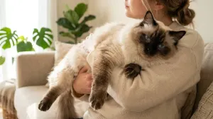 Ragdoll cat lying relaxed in owner's arms showing its limp temperament