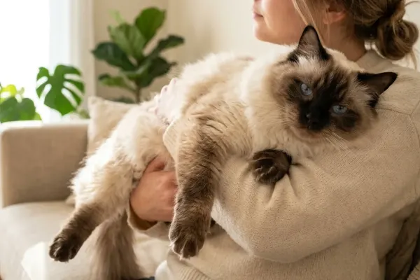 Ragdoll cat lying relaxed in owner's arms showing its limp temperament