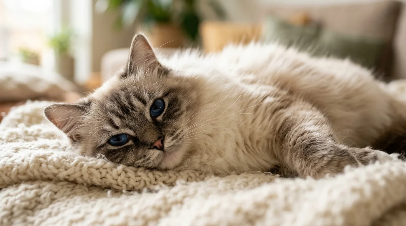 Fluffy Ragdoll cat with deep blue eyes resting peacefully
