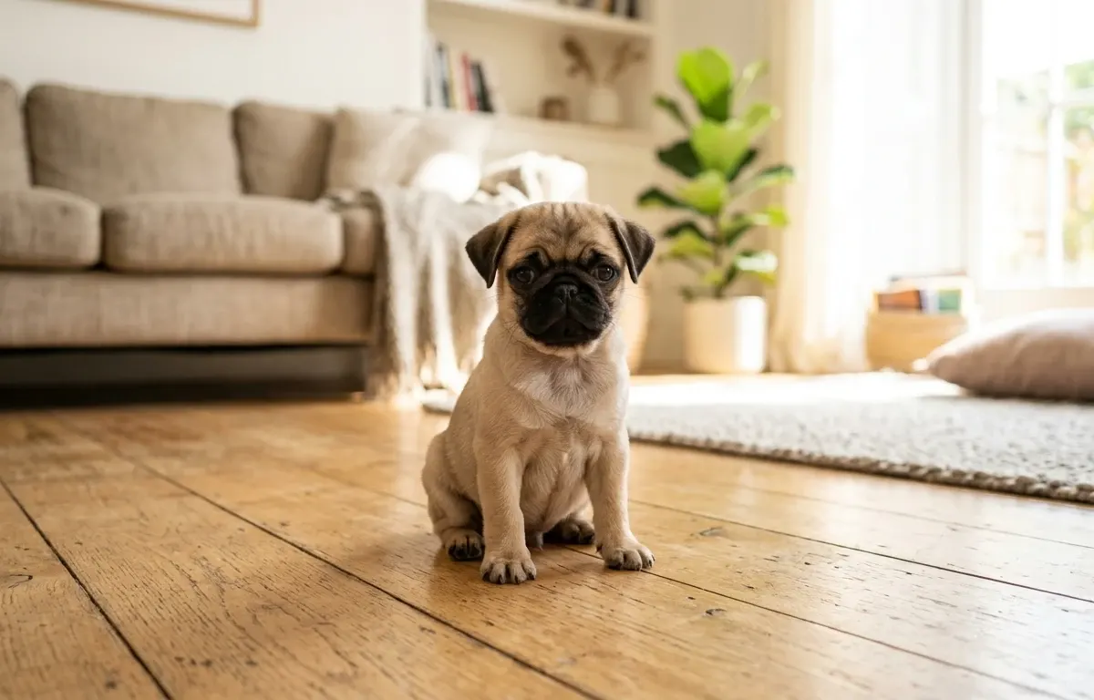 Fawn Pug puppy sitting on a soft blanket in a bright home environment