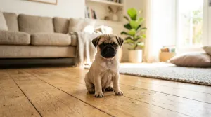 Fawn Pug puppy sitting on a soft blanket in a bright home environment