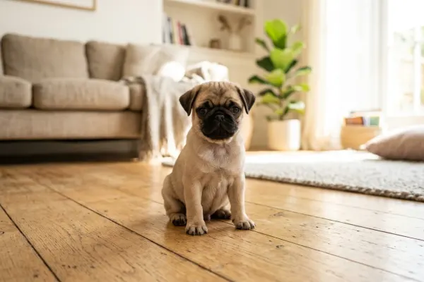 Fawn Pug puppy sitting on a soft blanket in a bright home environment