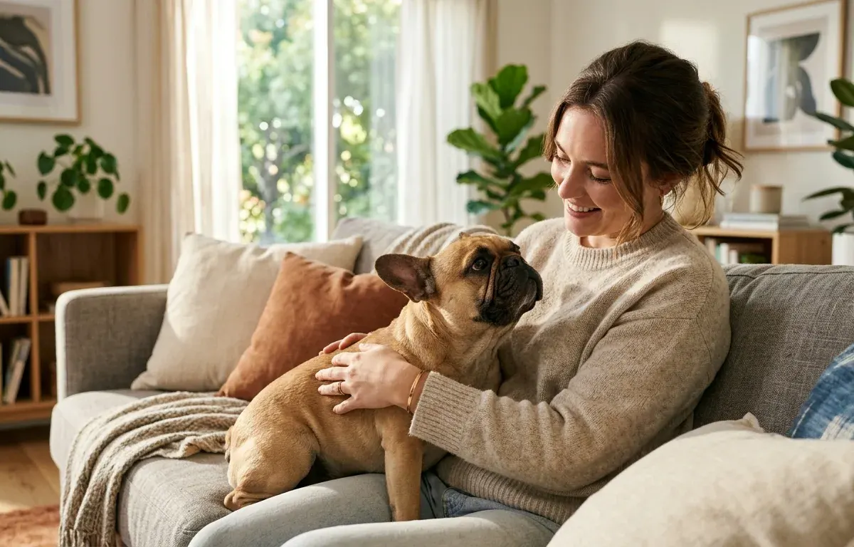 A fawn French Bulldog sitting close to its owner on a living room sofa.