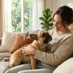 A fawn French Bulldog sitting close to its owner on a living room sofa.
