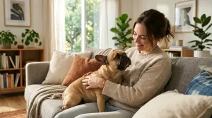 A fawn French Bulldog sitting close to its owner on a living room sofa.