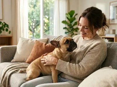 A fawn French Bulldog sitting close to its owner on a living room sofa.