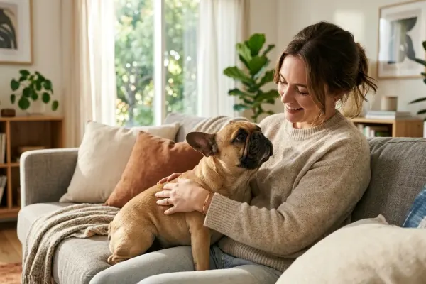 A fawn French Bulldog sitting close to its owner on a living room sofa.