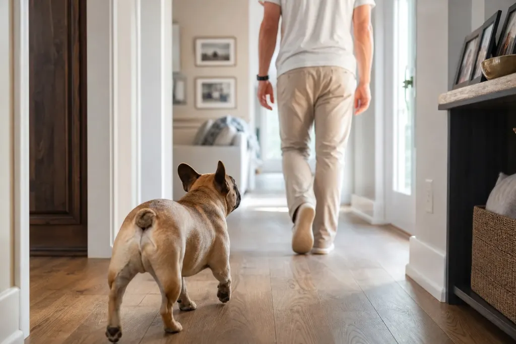 A French Bulldog following its owner closely through a home hallway.