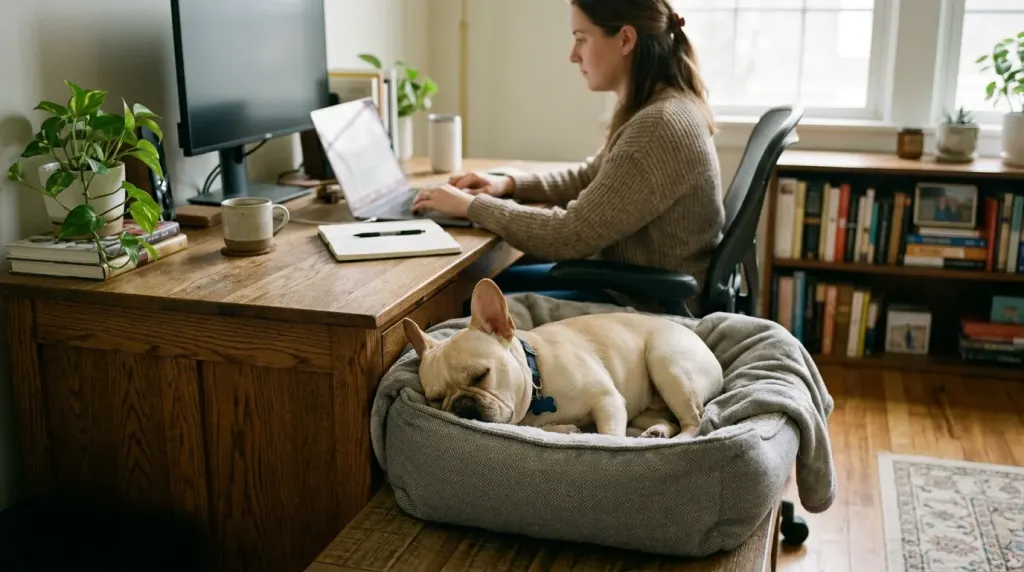 A French Bulldog resting quietly on a bed near its owner's desk.