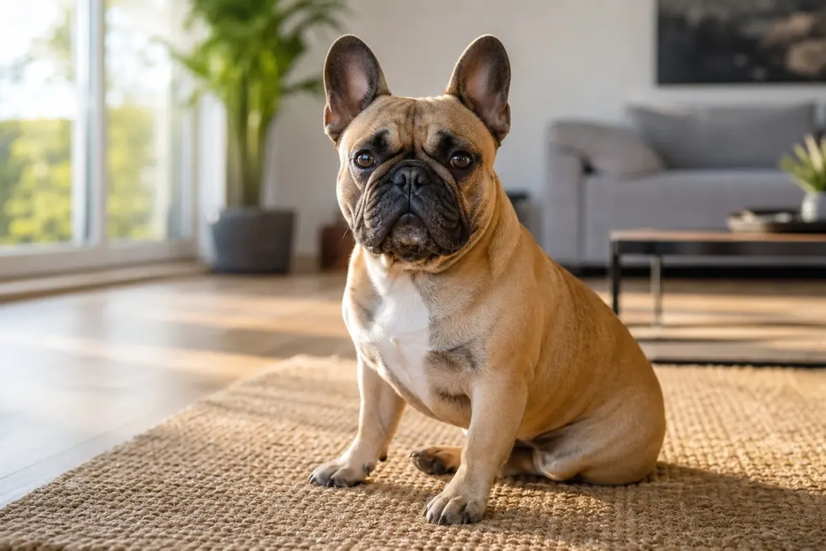 A French Bulldog sitting comfortably in a bright apartment living room.