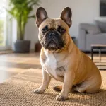 A French Bulldog sitting comfortably in a bright apartment living room.