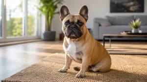 A French Bulldog sitting comfortably in a bright apartment living room.