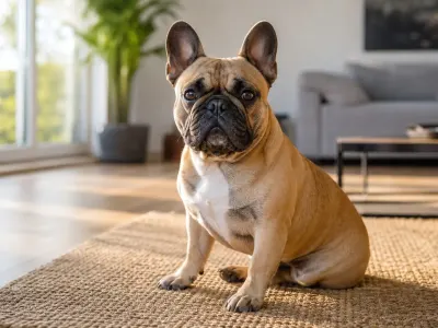 A French Bulldog sitting comfortably in a bright apartment living room.