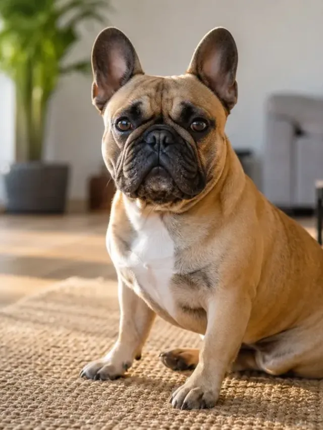 A French Bulldog sitting comfortably in a bright apartment living room.