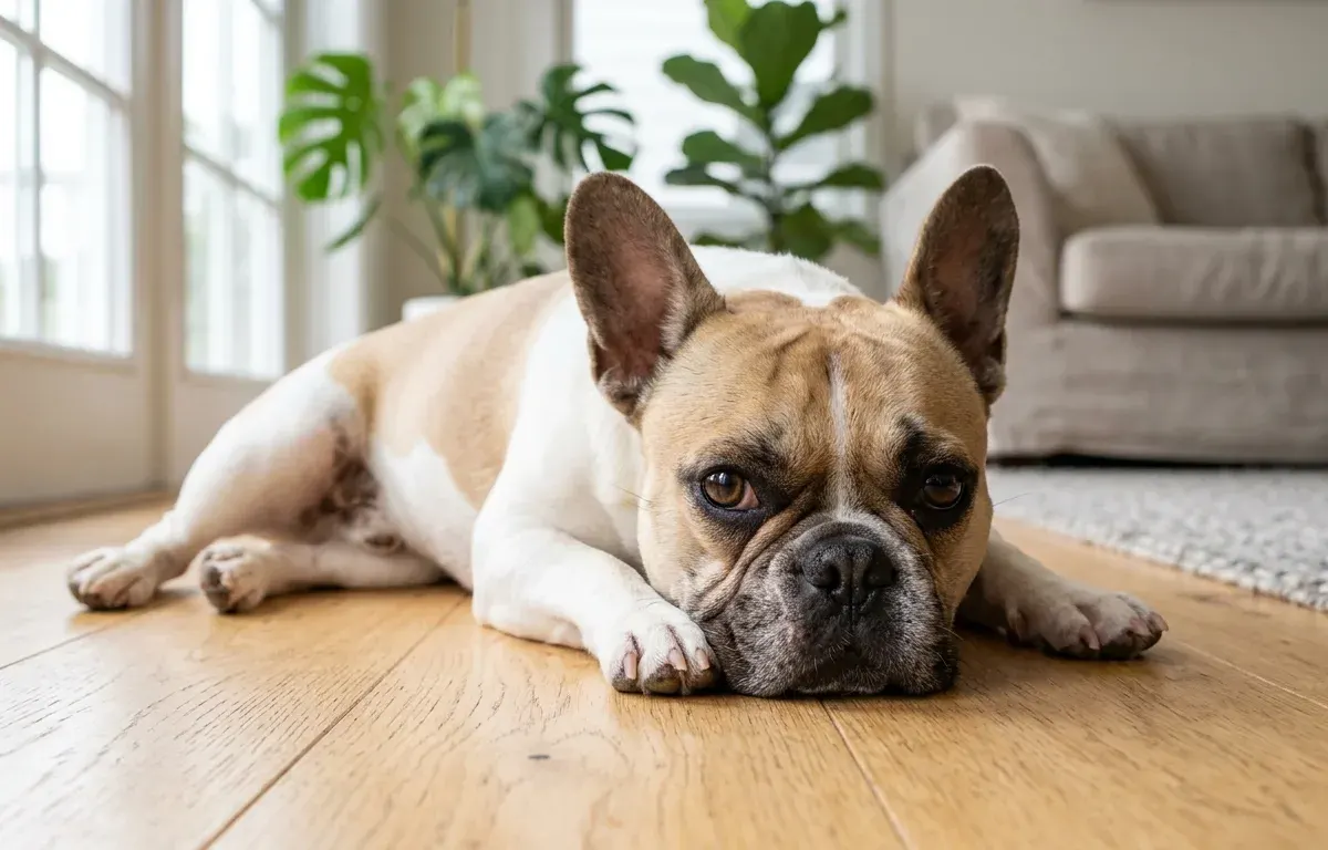 A French Bulldog resting indoors with its face and clear eyes shown in close-up detail.