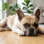 A French Bulldog resting indoors with its face and clear eyes shown in close-up detail.