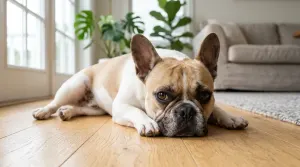 A French Bulldog resting indoors with its face and clear eyes shown in close-up detail.