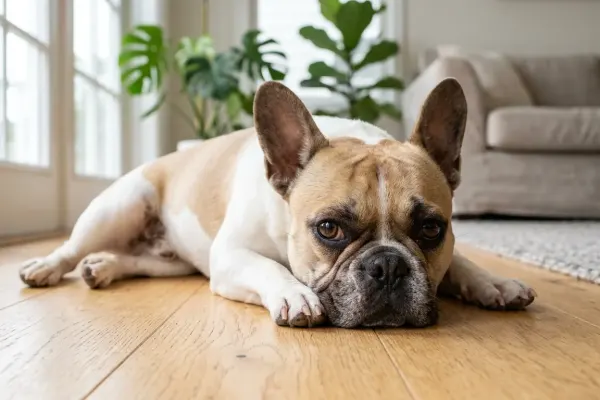 A French Bulldog resting indoors with its face and clear eyes shown in close-up detail.