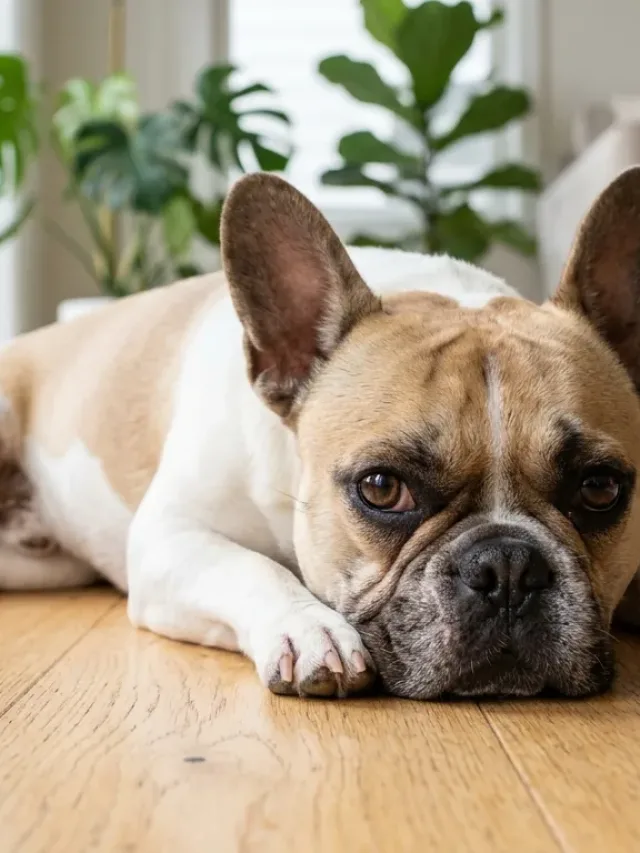 A French Bulldog resting indoors with its face and clear eyes shown in close-up detail.