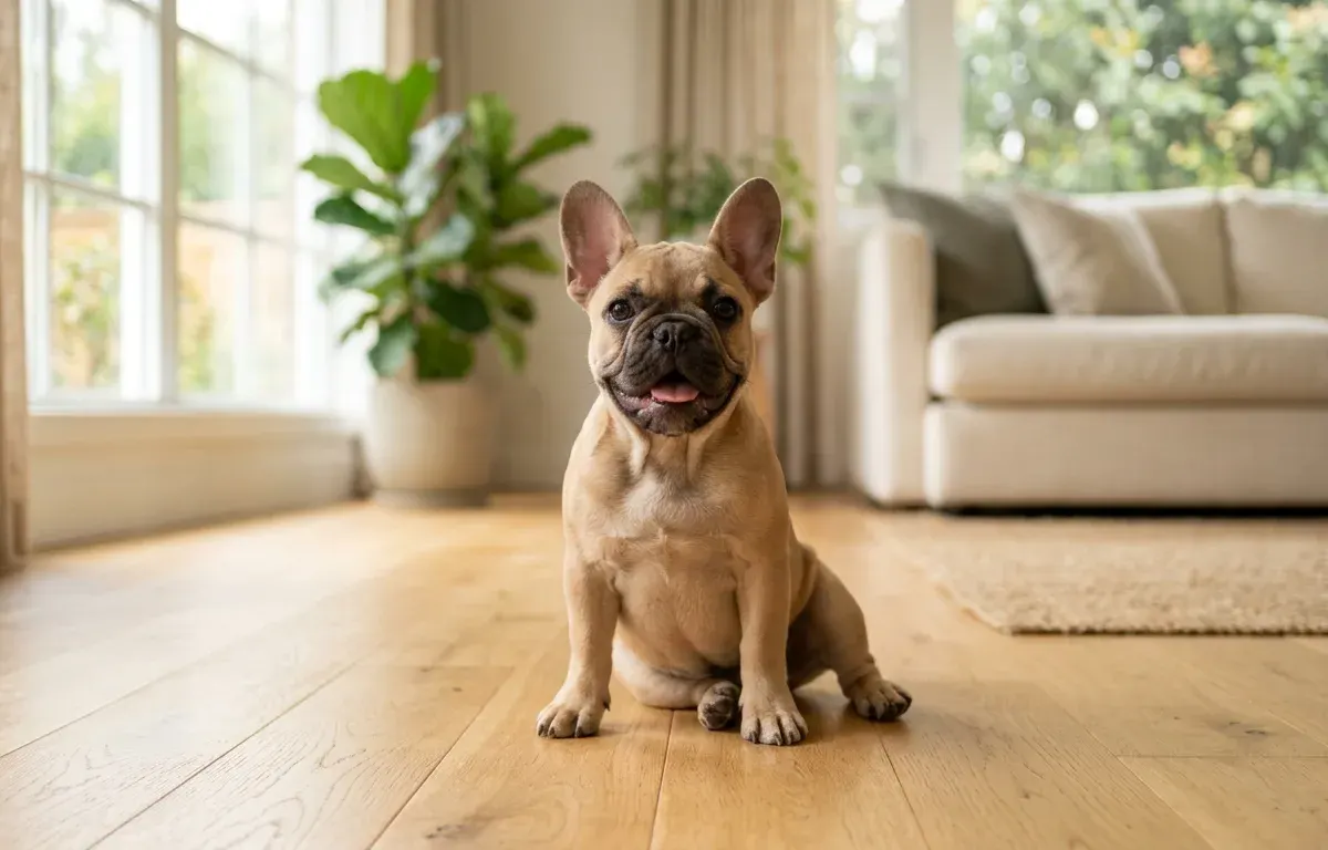 A fawn French Bulldog sitting on a living room floor
