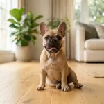 A fawn French Bulldog sitting on a living room floor