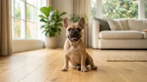 A fawn French Bulldog sitting on a living room floor
