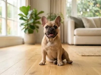 A fawn French Bulldog sitting on a living room floor
