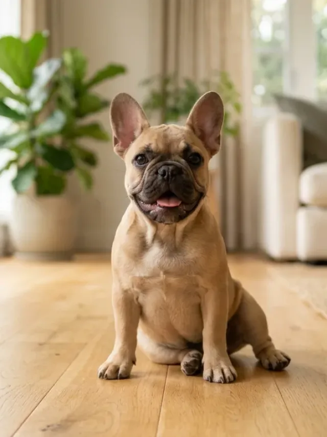A fawn French Bulldog sitting on a living room floor