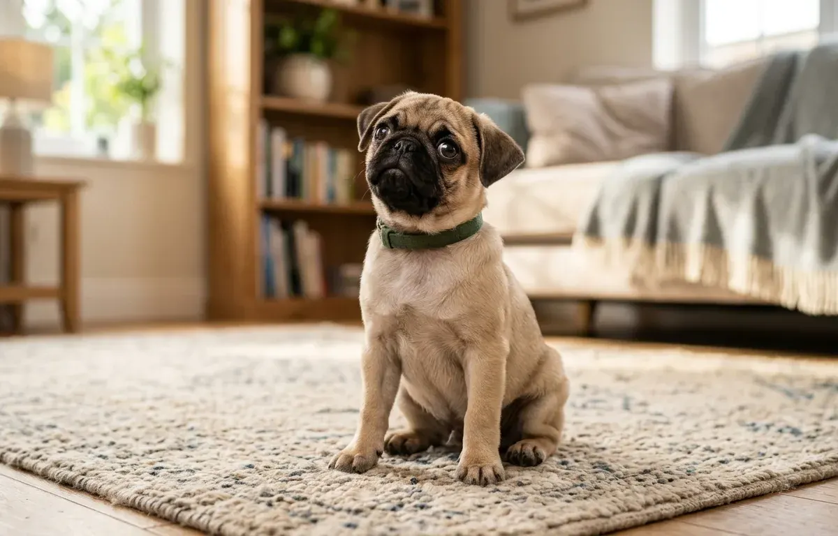 A fawn Pug sitting on a living room carpet looking at the camera
