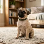 A fawn Pug sitting on a living room carpet looking at the camera