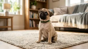 A fawn Pug sitting on a living room carpet looking at the camera