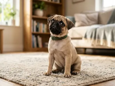 A fawn Pug sitting on a living room carpet looking at the camera