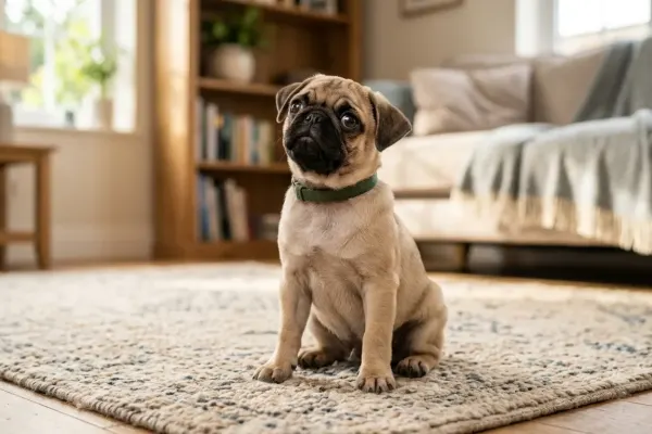 A fawn Pug sitting on a living room carpet looking at the camera