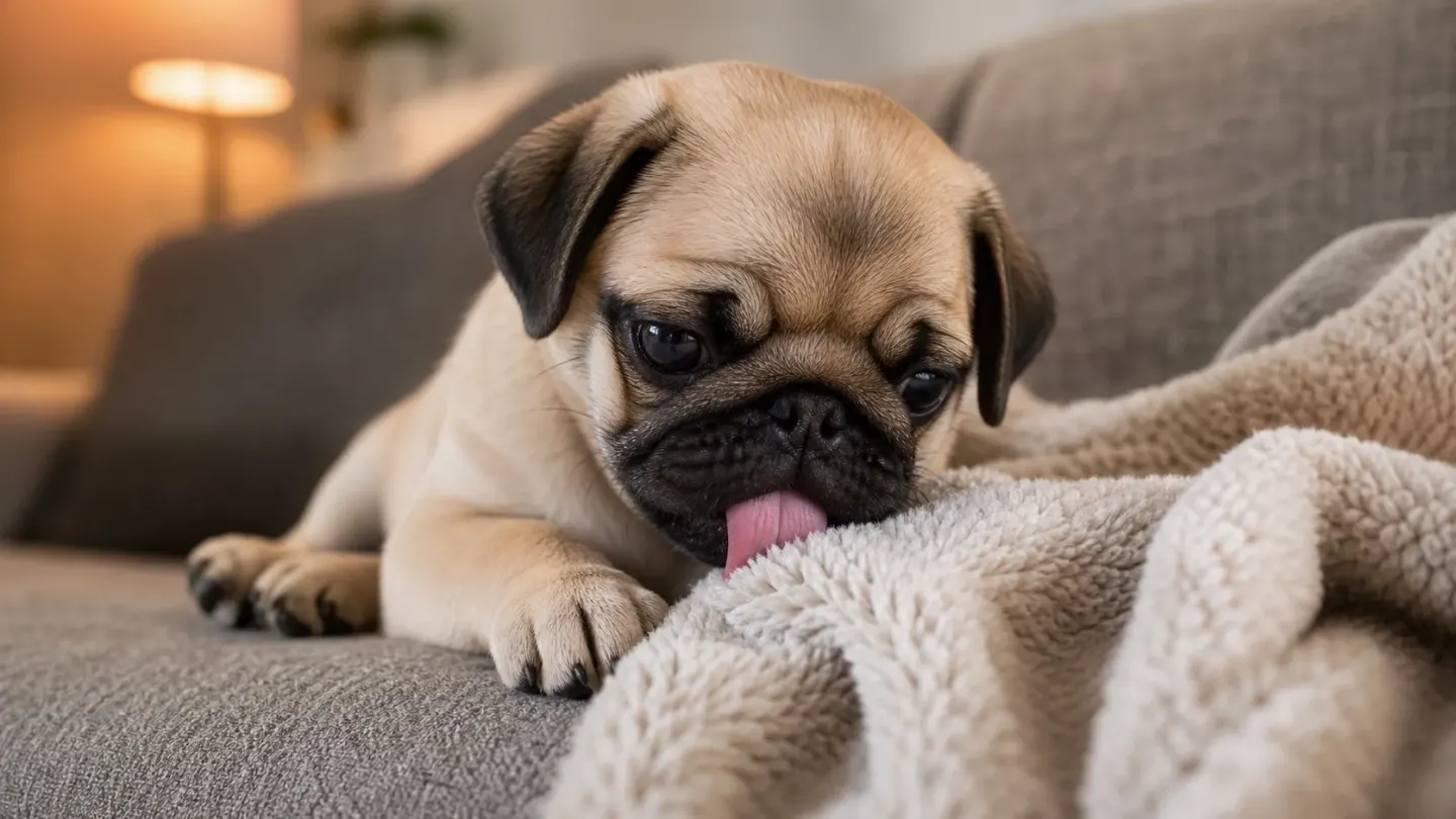 A fawn Pug dog licking a soft fabric blanket on a sofa